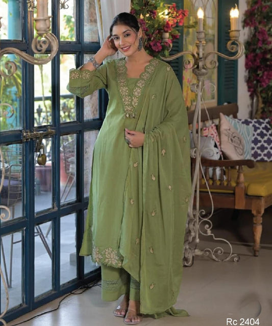 Terracotta Bloom 3-Piece Embroidered Cotton Kurta Set with Dupatta & Pants - Sage Green - Naticraft