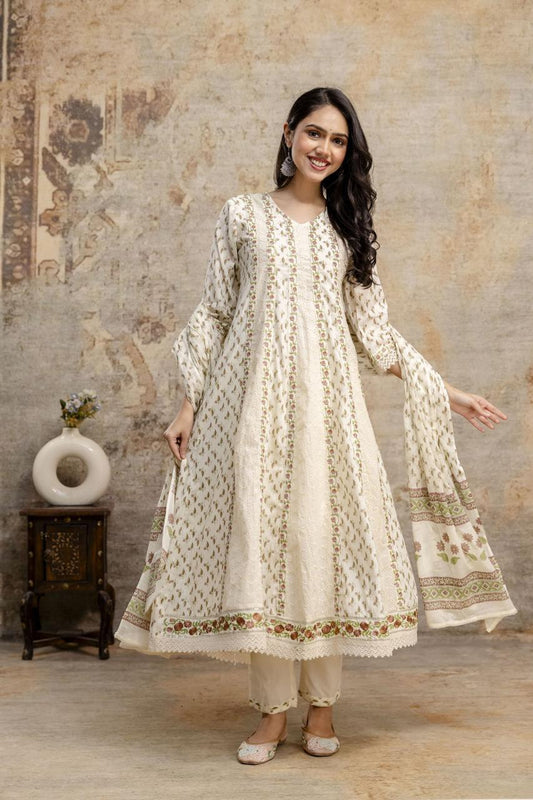 Ivory Floral Printed Anarkali Kurta Set with Embroidered Border & Dupatta (3-Piece) - Naticraft