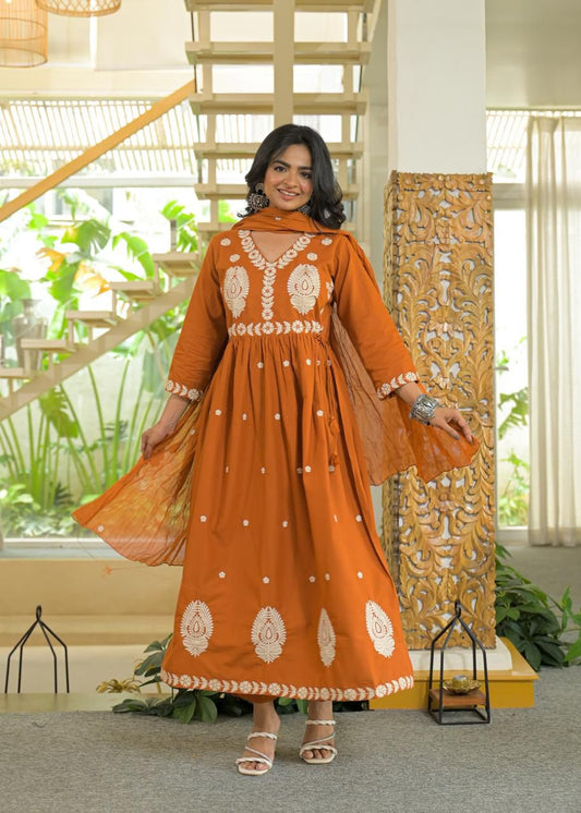 Rust Orange Embroidered Anarkali Kurta Set with Dupatta – Festive Ethnic 3-Piece Suit - Naticraft