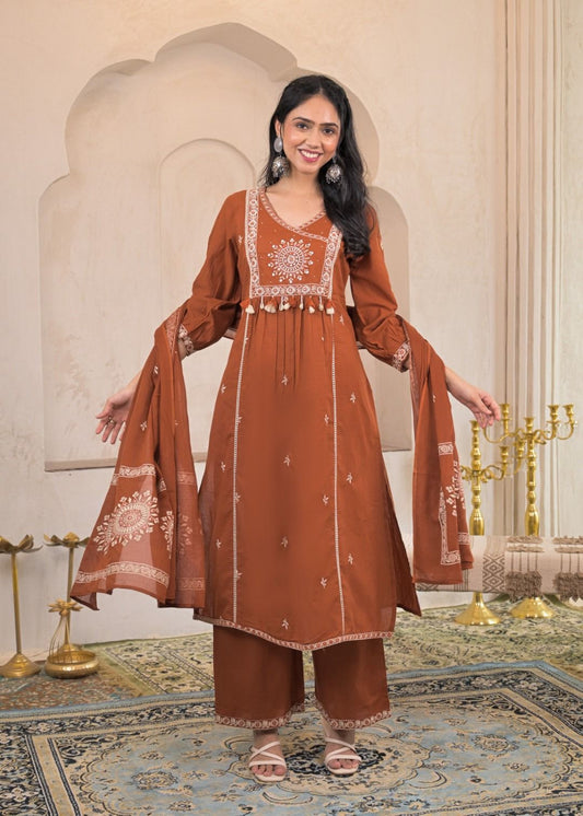 Rust Orange Cotton Embroidered Kurta Set with Dupatta & Tassel Detailing - Naticraft