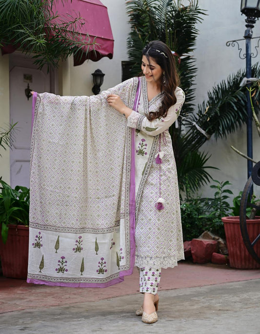 Cotton Block Print Kurta Set with Dupatta – Off White & Lavender - Naticraft