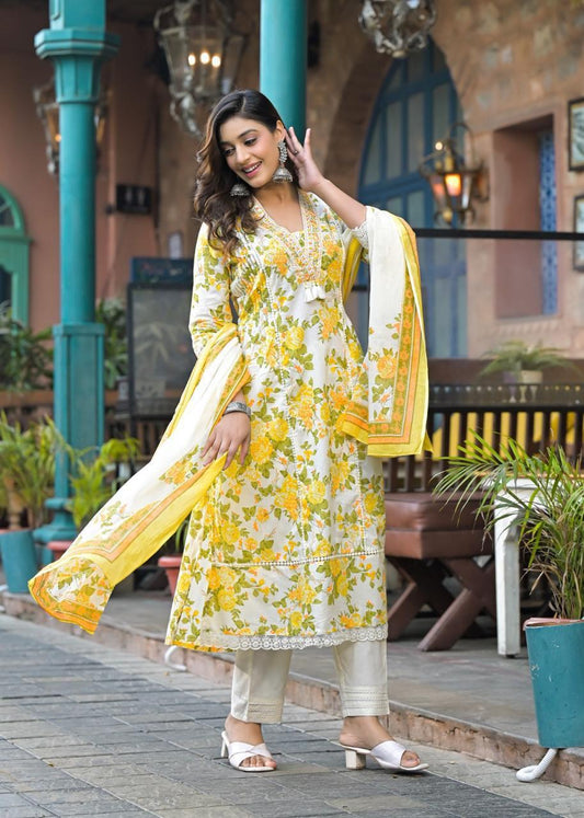 Elegant Yellow Floral Printed Cotton Kurta Set with Dupatta - Naticraft