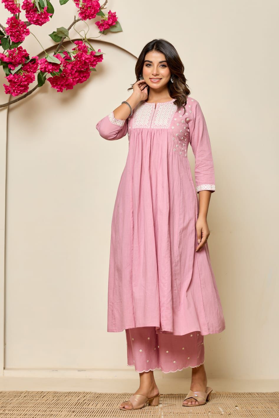Elegant Hand-Embroidered Cotton A-Line Kurta 2 piece Set with Scalloped Palazzo – Pink and Peach - Naticraft