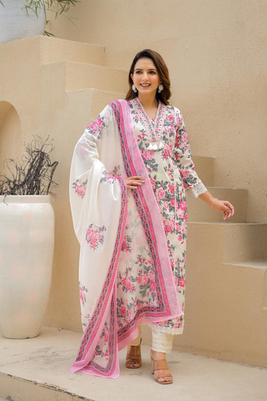 Elegant Pastel Pink Floral Printed Cotton Kurta Set with Dupatta - Naticraft