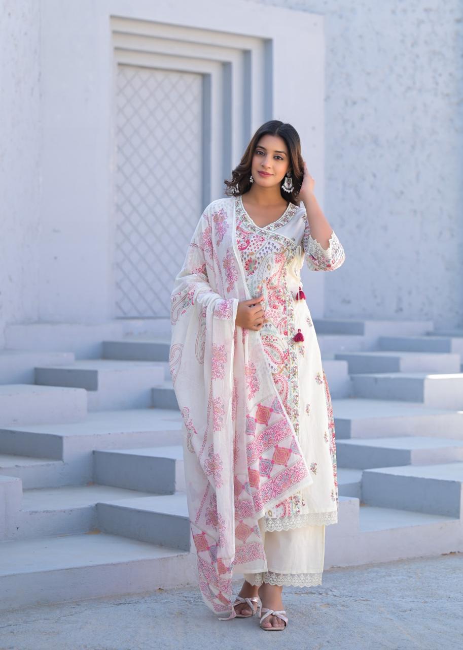 Paisley Embroidered Cotton Kurta Set with Dupatta - Naticraft