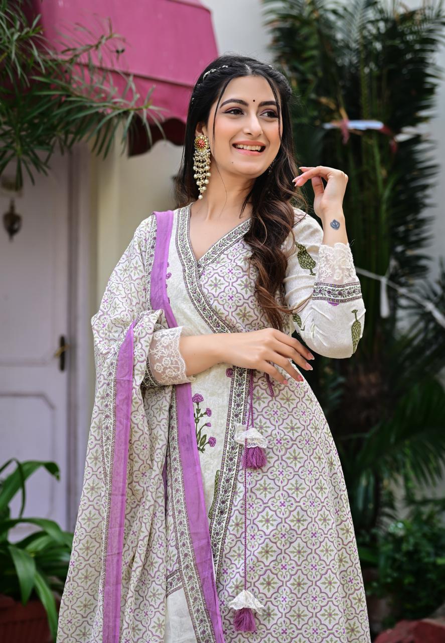 Cotton Block Print Kurta Set with Dupatta – Off White & Lavender - Naticraft