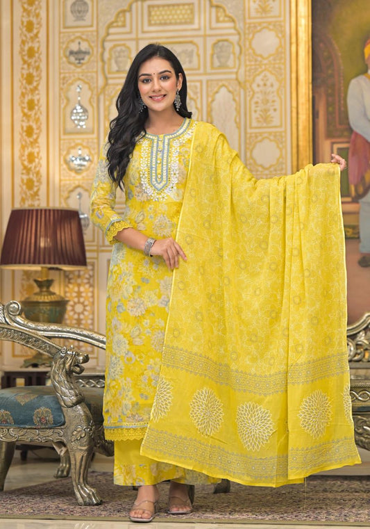 Sunshine Bloom Yellow Floral Embroidered Cotton Kurta Set with Dupatta - Naticraft