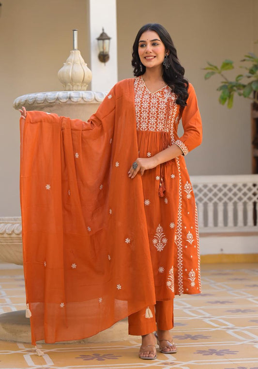 Orange Embroidered Cotton Kurta Set with White Floral Detailing - Naticraft