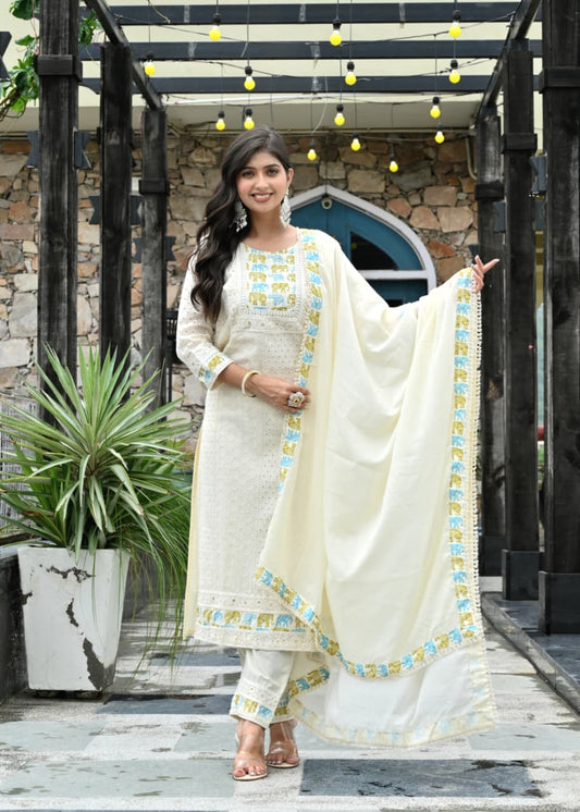 Ivory-Cyan Embroidered Cotton Kurta Set with Elephant Motifs & Dupatta – 3 Piece Ethnic Set - Naticraft