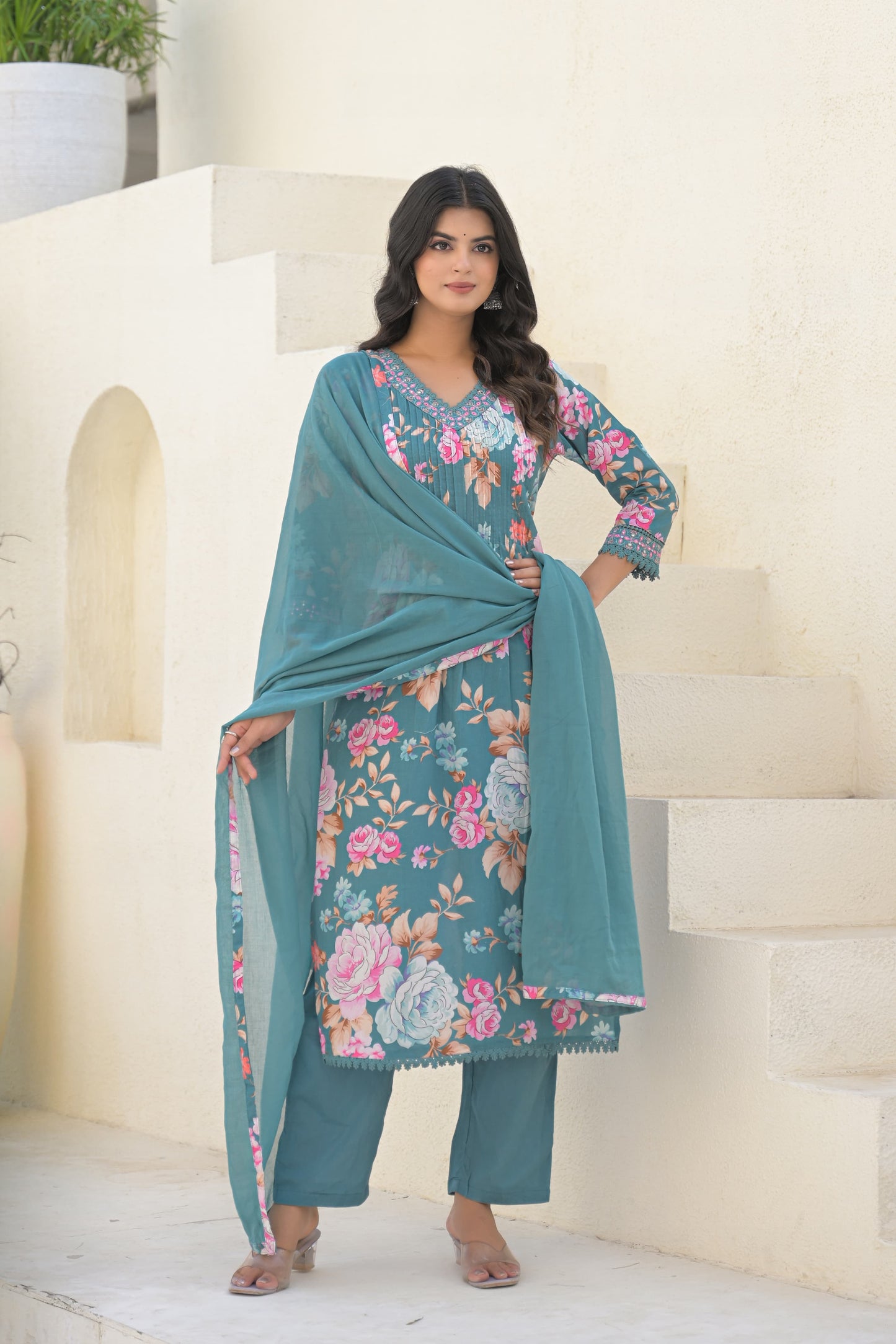 Teal Blue Floral Mirror Work Kurta Set with Dupatta – 3 Piece Elegant Ethnic Set - Naticraft