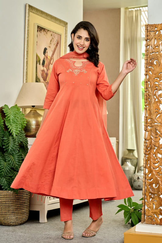Coral Orange Flared Kurta Set with Hand Zari Work Neckline & Dupatta – 3 Piece Ethnic Set - Naticraft