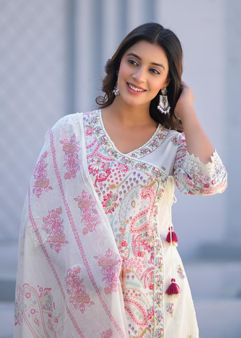Paisley Embroidered Cotton Kurta Set with Dupatta - Naticraft