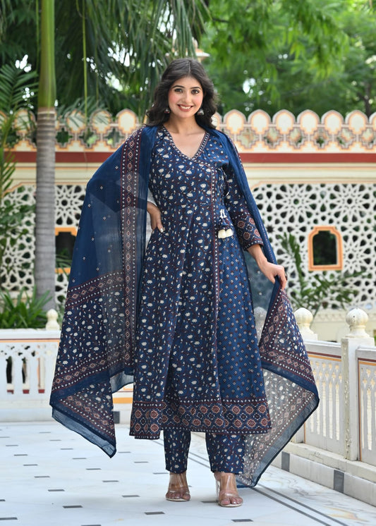 Blue Floral Printed Kurta Set with Dupatta – Ethnic 3-Piece Cotton Suit - Naticraft