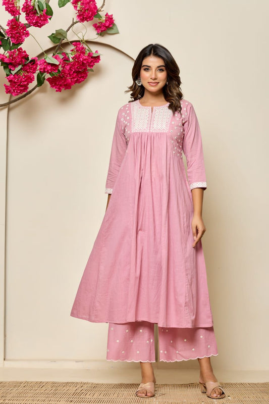 Elegant Hand-Embroidered Cotton A-Line Kurta 2 piece Set with Scalloped Palazzo – Pink and Peach - Naticraft