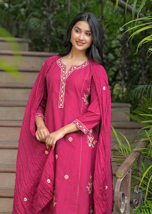 Magenta Cotton Embroidered Kurta Set with Dupatta – Elegant Ethnic Style - Naticraft
