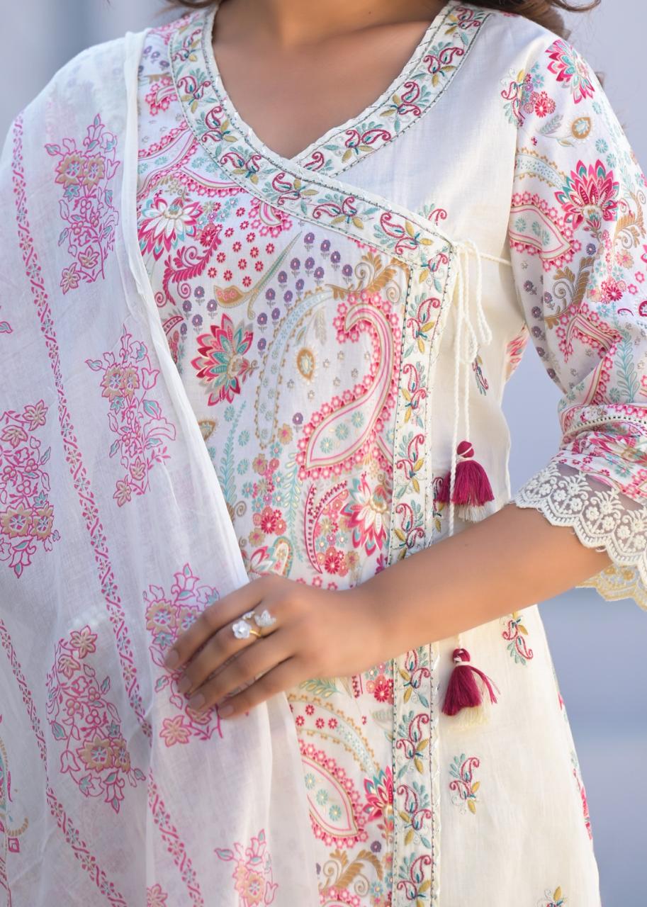 Paisley Embroidered Cotton Kurta Set with Dupatta - Naticraft
