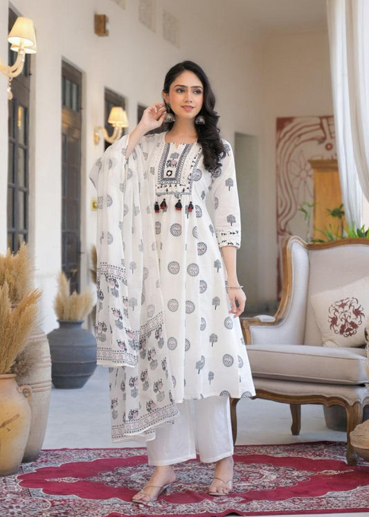 Ethnic White Printed Kurta Set - Kurta, Pants, and Dupatta - Naticraft