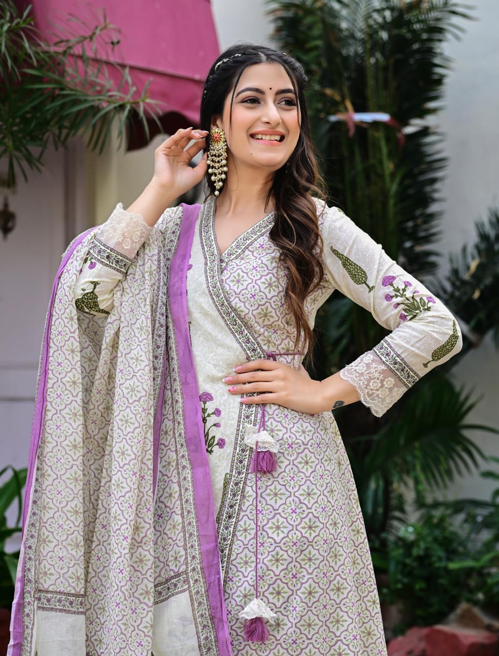 Cotton Block Print Kurta Set with Dupatta – Off White & Lavender - Naticraft