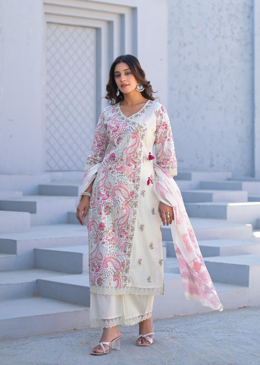 Paisley Embroidered Cotton Kurta Set with Dupatta - Naticraft