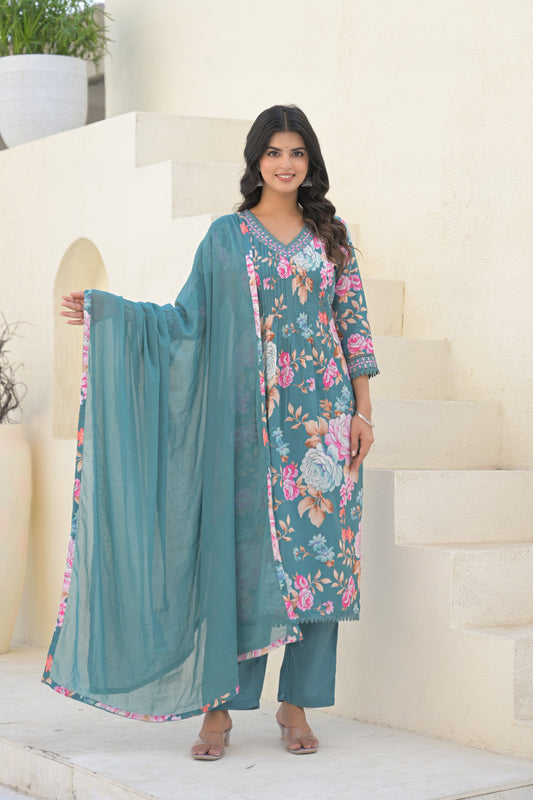 Teal Blue Floral Mirror Work Kurta Set with Dupatta – 3 Piece Elegant Ethnic Set - Naticraft