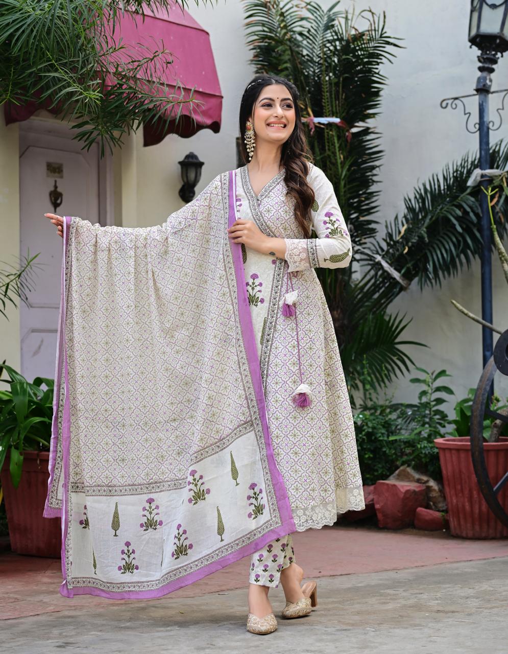 Cotton Block Print Kurta Set with Dupatta – Off White & Lavender - Naticraft