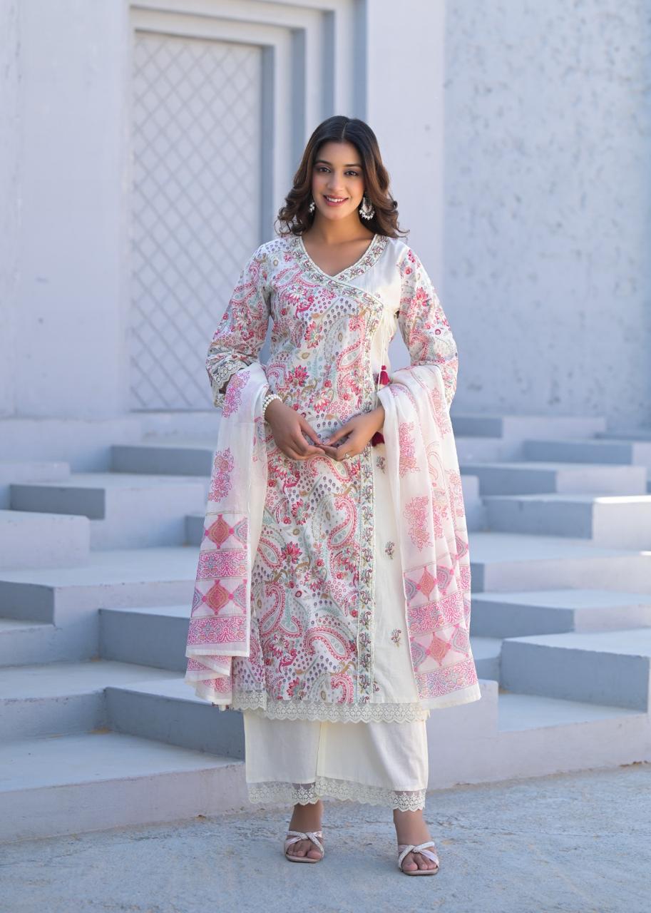 Paisley Embroidered Cotton Kurta Set with Dupatta - Naticraft