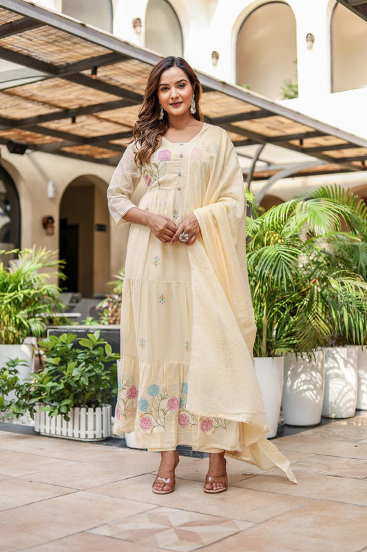Pastel Yellow Embroidered Floral Cotton Kurta Set with Dupatta – Flared Silhouette - Naticraft