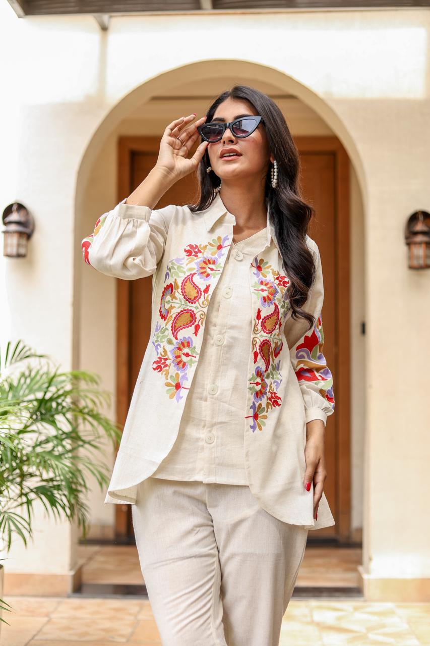 Ivory Flex Cotton Embroidered Overshirt Co-ord Set (3-Piece) - Naticraft