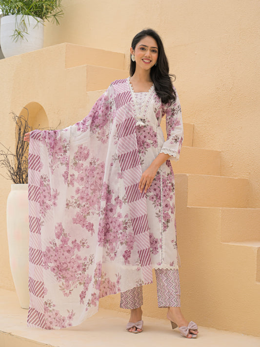 Pastel Pink Floral Printed Cotton Suit Set with Dupatta and Straight Pants - Naticraft
