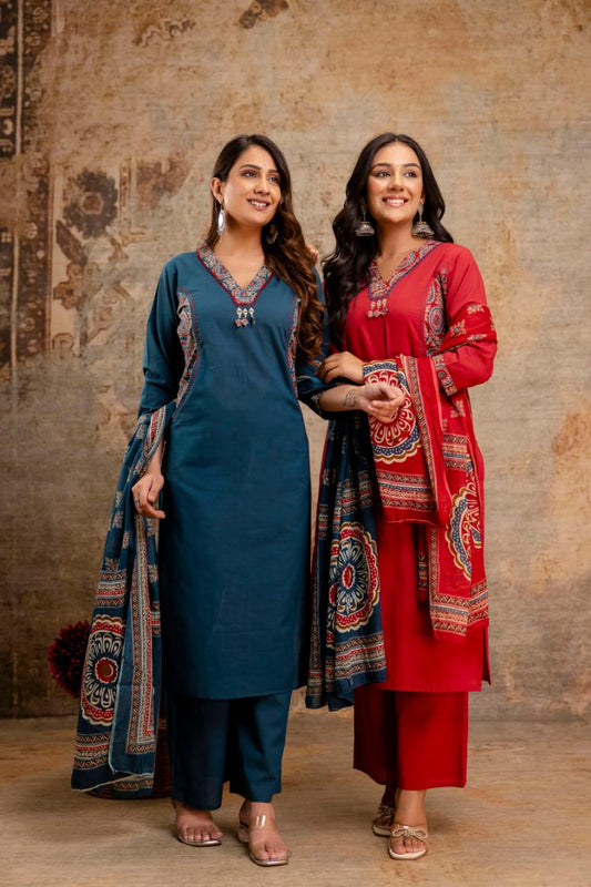 Embroidered Cotton Suit Set with Palazzo & Printed Dupatta - Naticraft