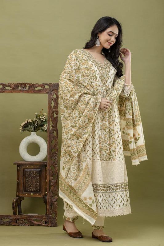 Cream Mustard Floral Printed Anarkali Kurta Set with Embroidered Neckline & Dupatta (3-Piece) - Naticraft