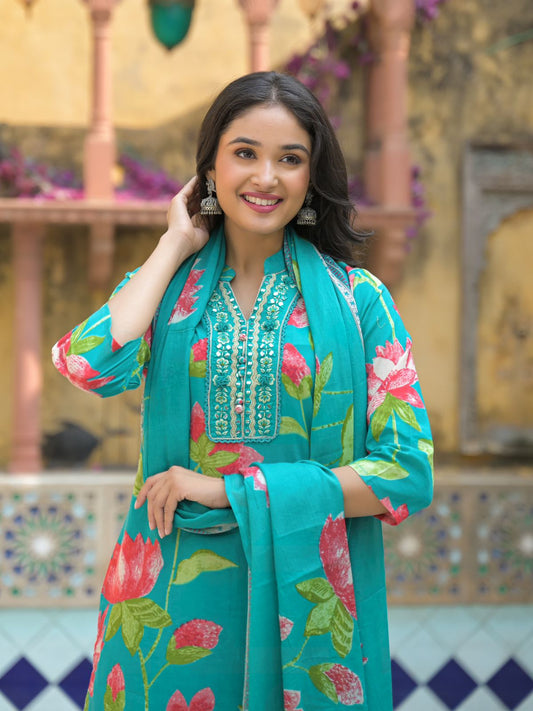 Blooming Lotus Printed Kurta Set with Dupatta - Naticraft