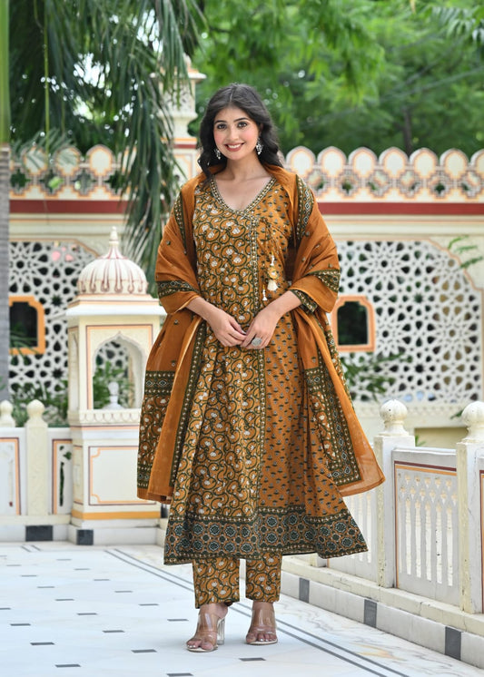 Mustard Floral Printed Kurta Set with Dupatta – Ethnic 3-Piece Cotton Suit - Naticraft