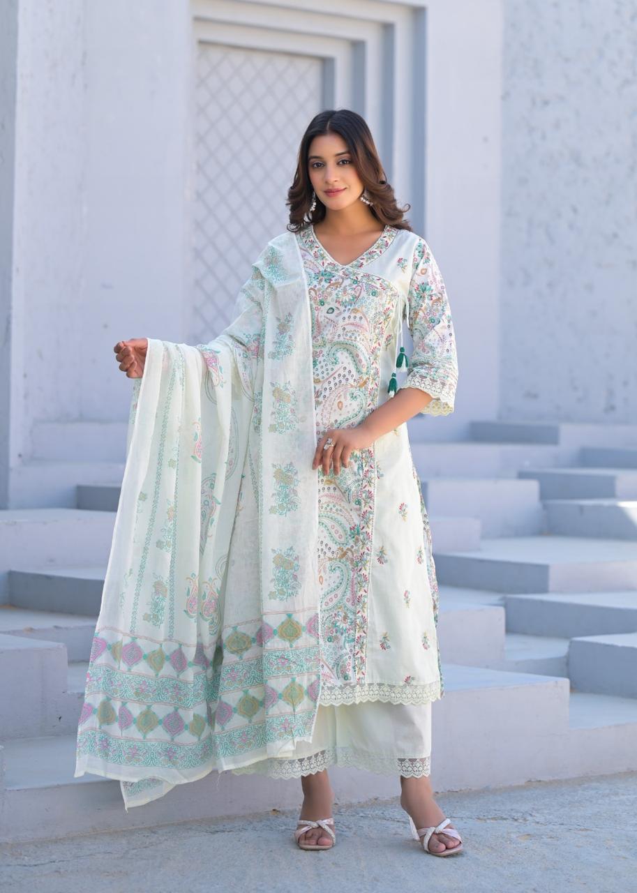 Paisley Embroidered Cotton Kurta Set with Dupatta - Naticraft