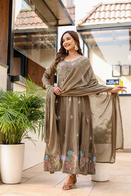 Brown Tiered Anarkali Kurta Set with Multicolor Thread Embroidery & Dupatta - Naticraft