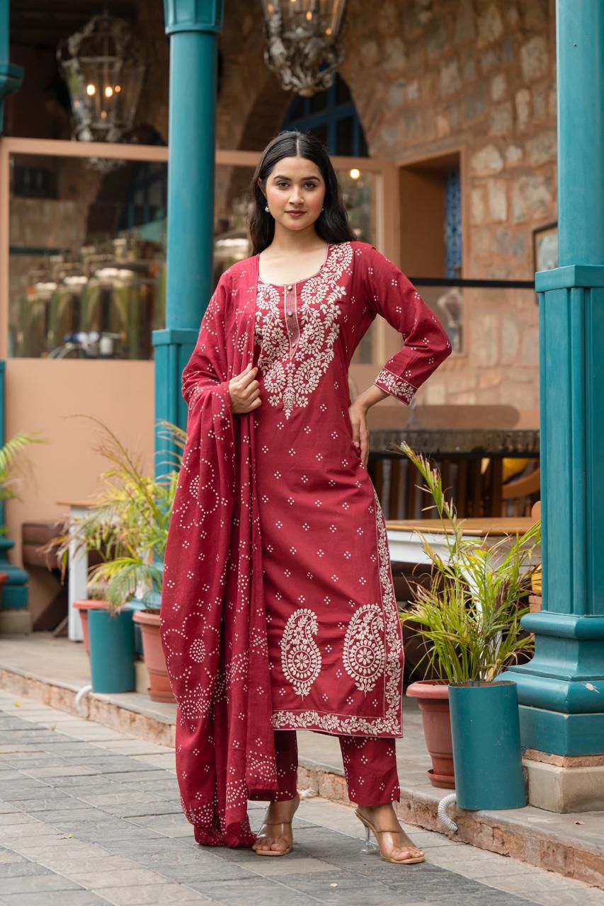 Embroidered Cotton Straight Kurta Set with Dupatta - Naticraft