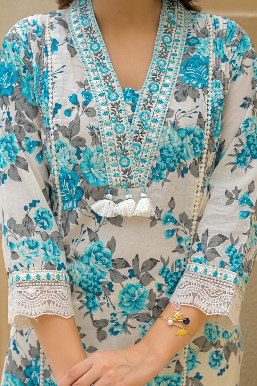 Elegant Cyan Floral Printed Cotton Kurta Set with Dupatta - Naticraft