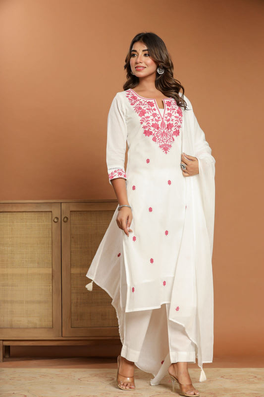 Elegant White Cotton Embroidered Kurta Set with Dupatta - Naticraft