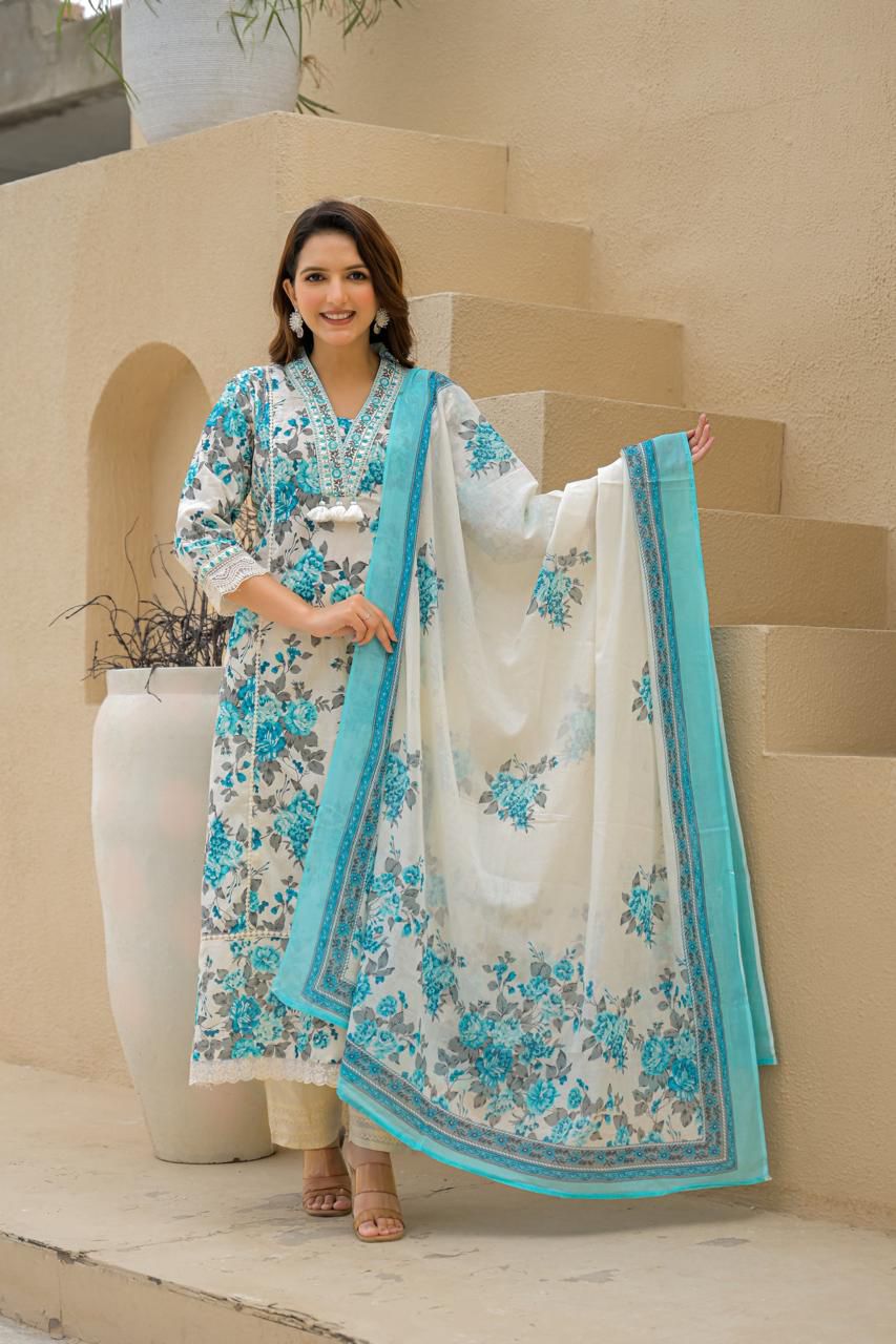 Elegant Cyan Floral Printed Cotton Kurta Set with Dupatta - Naticraft