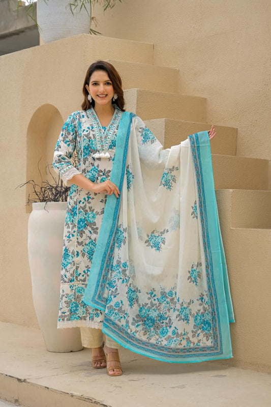 Elegant Cyan Floral Printed Cotton Kurta Set with Dupatta - Naticraft