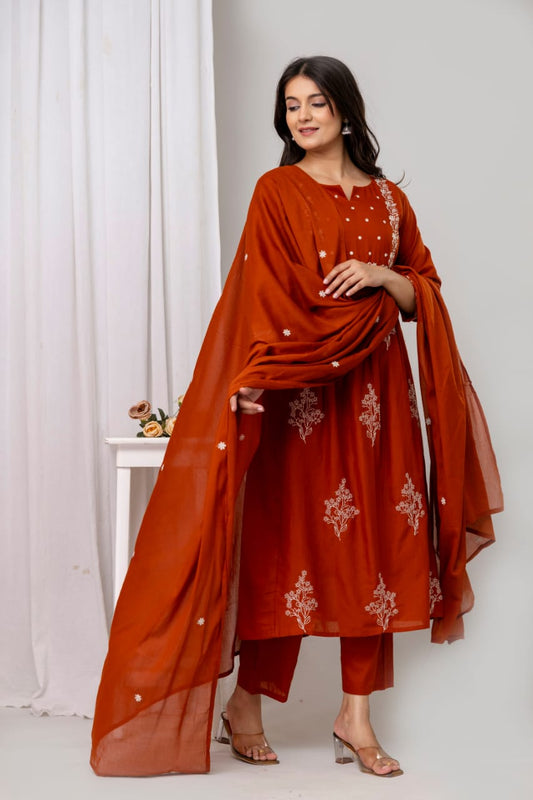Elysian Embroidered Cotton Kurta Set with Dupatta – Blue, Green & Rust - Naticraft