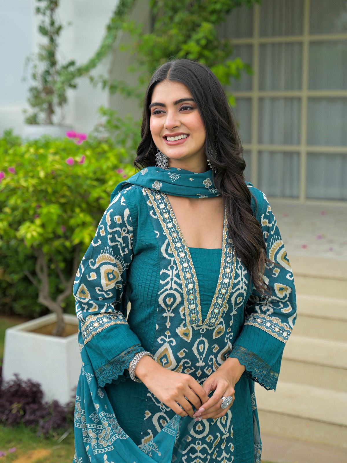 Ikat Elegance Mirror Embroidered Cotton Kurta Set – Teal & Plum - Naticraft