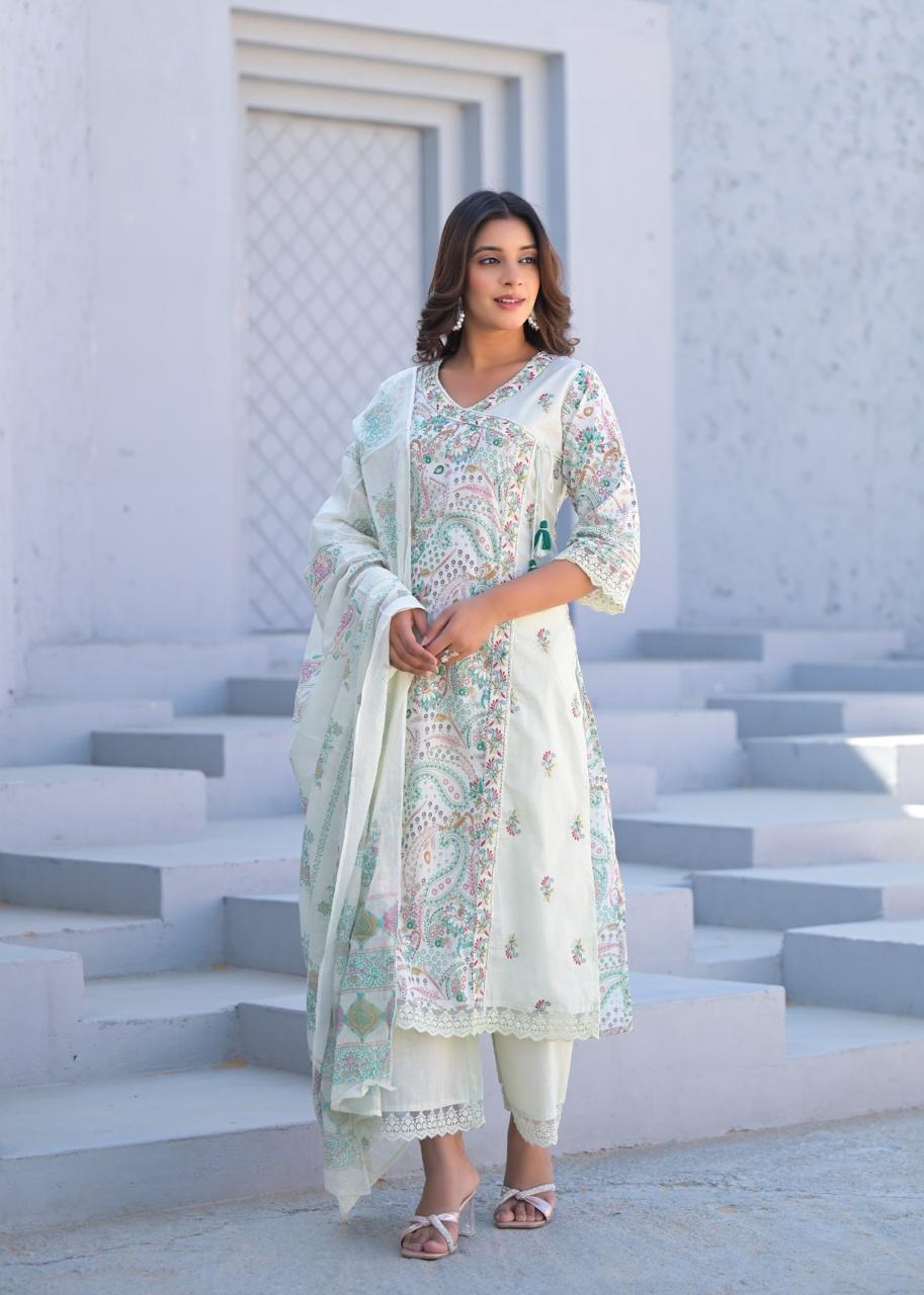 Paisley Embroidered Cotton Kurta Set with Dupatta - Naticraft