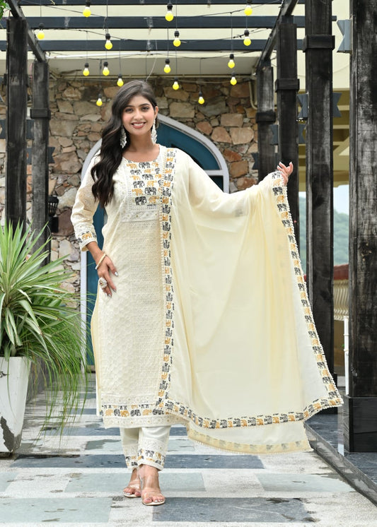 Ivory Embroidered Cotton Kurta Set with Elephant Motifs & Dupatta – 3 Piece Ethnic Set-Yellow-Black - Naticraft
