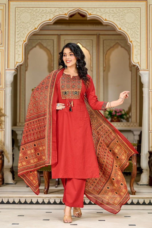 Ajrakh Embroidered Pure-Cotton Kurta Set with Palazzo & Dupatta - Naticraft