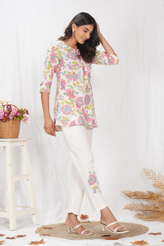 Floral Fusion Co-ord Set for Women – Tassel Tie-Up Top & Embroidered Pants - Naticraft