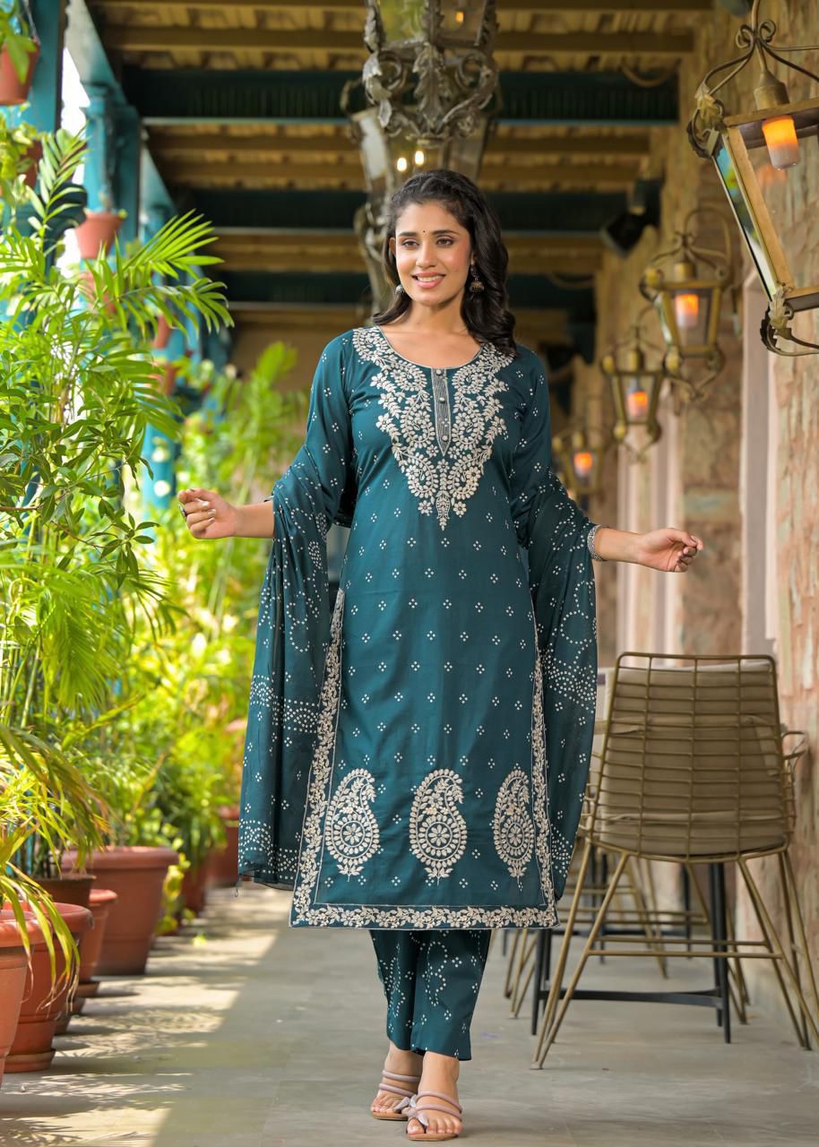 Embroidered Cotton Straight Kurta Set with Dupatta - Naticraft