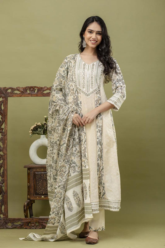 Cream Kurta Set with Olive Green Floral Print & Embroidered Dupatta (3-Piece) - Naticraft