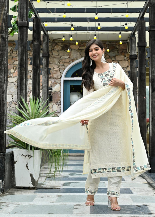 Ivory Embroidered Cotton Kurta Set with Elephant Motifs & Dupatta – 3 Piece Ethnic Set - Naticraft