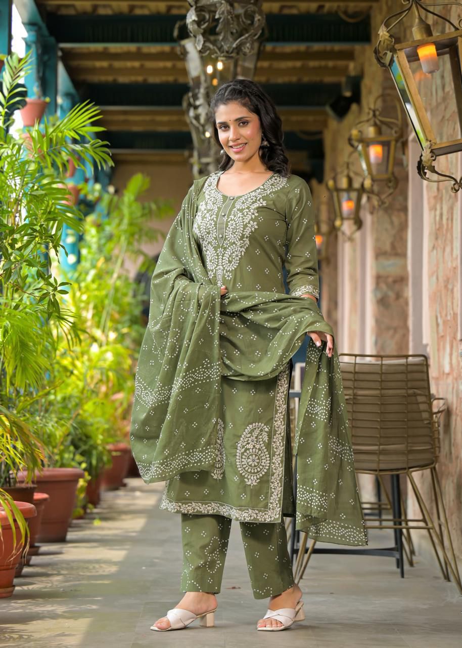 Embroidered Cotton Straight Kurta Set with Dupatta - Naticraft